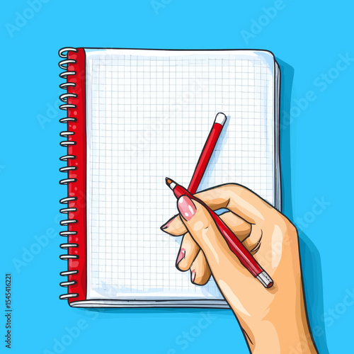 A hand grasping a pen and an open book is the subject of a modern illustration created in pop art comic style