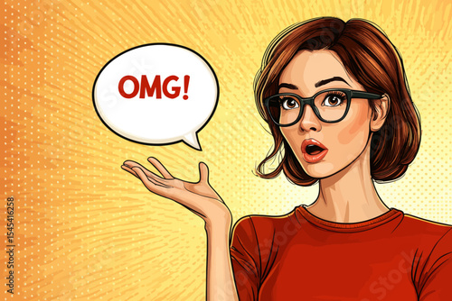 The image features a sexy and surprised young woman with glasses and black hair, her mouth open in astonishment, as represented in a pop art style with a modern and bright background and an OMG