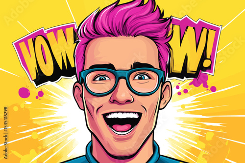 The image of a surprised young man with glasses and an open mouth, set against a vibrant background, is a quintessential representation of pop art, complete with a 'Wow' speech bubble containing