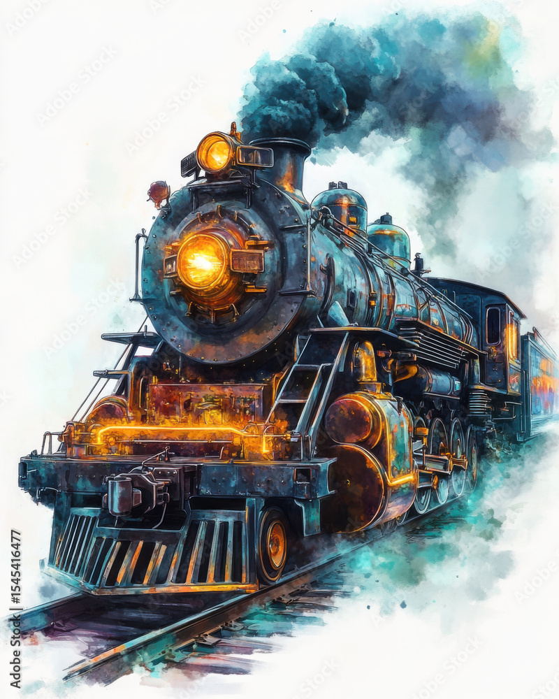 Obraz premium Detailed Steam Train on Tracks with Smoke and Glowing Embers