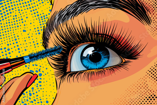 Pop art style makeup is applied to a female face, with a closeup of a sexy girl painting her eyes with mascara in hand, against a vibrant comic retro background