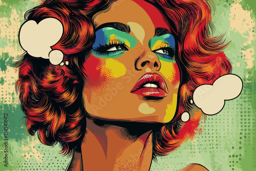 The image features a surprised and young African woman with vibrant ginger hair and bold makeup, her mouth agape, positioned in front of a colorful and modern background that pays homage to the retro