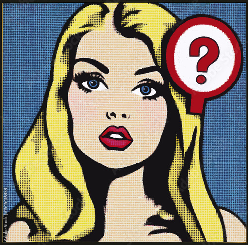 A pop art style comic book panel illustration of a confused woman with a speech bubble and a question mark in a modern poster design