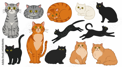 Adorable cats collection. Cute domestic cats of different breeds and colors. Illustration with playful kittens and relaxing cats perfect for pet shops, animal shelters, and veterinary clinics.