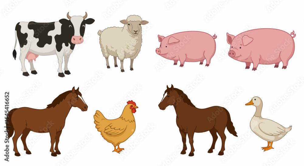 Fototapeta premium Farm animals illustration featuring cow, sheep, pig, horse, chicken, and duck. This colorful image showcases common livestock animals perfect for children's books, educational materials,