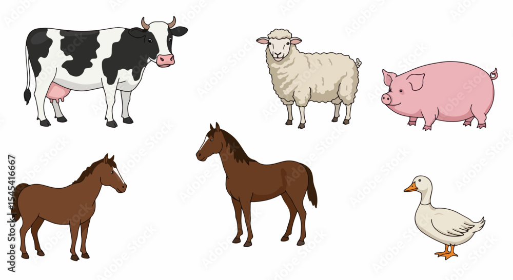 Fototapeta premium Farm animals illustration featuring cow, sheep, pig, horse, foal, and duck. Cute farm animals ideal for children's books, educational materials, or greeting cards.