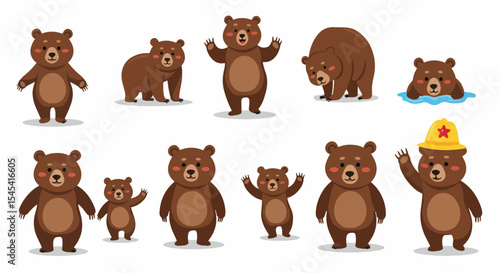 Adorable brown bear illustrations collection. Set of cute cartoon brown bears in different poses, perfect for children's books, greeting cards, and apparel design.