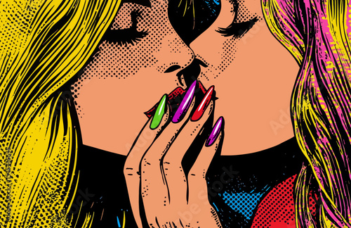 A Retro Pop Art style Comic Style Book panel depicting a gossip girl with a pink cheek sharing secrets through whispering in someone's ear, symbolizing the spread of rumors and information