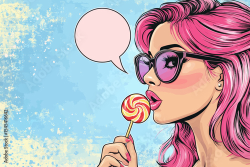 The image depicts a female face with a sexy girl wearing glasses and having long pink hair, holding a bright lollipop and standing in front of a modern, colorful pop art background reminiscent of