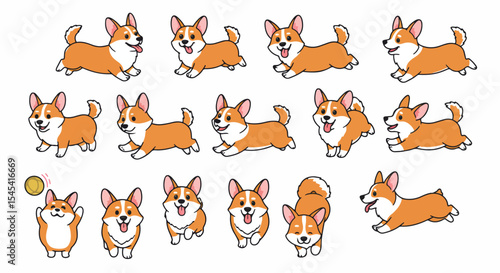 Adorable corgi dog, _Canis familiaris_, in various playful poses. Corgi puppy shows different actions: running, jumping, playing with ball. This corgi image is perfect for pet blogs, children's books,