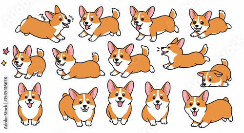 Adorable Pembroke Welsh Corgi dog illustrations set. Collection of cute corgi poses perfect for pet lovers and dog owners.  Corgi illustrations for greeting cards, stickers, and social media.