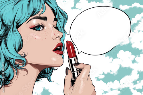 The image features a girl with short blue hair, looking sexy as she paints her lips with lipstick, all while situated in front of a vibrant, pop art-inspired background with a comic retro twist,
