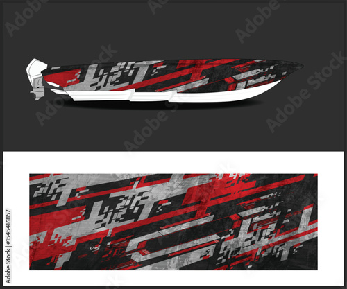 Boat Wrap Design with Abstract Red and Gray Geometric Pattern on Black Background
