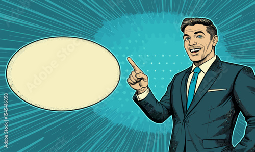 The businessman says something in relation to a business concept shown in pop art retro comic style as a cartoon modern illustration