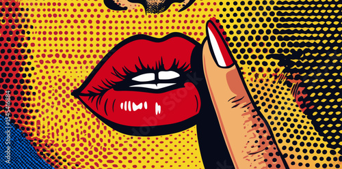 The image of a woman in pop art style is shown with her finger pressed against her lips, signaling to be quiet in a vibrant banner