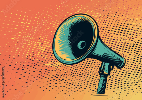 Retro design features a pop art style illustration of red lips set against a yellow background, complete with a megaphone shouting the news