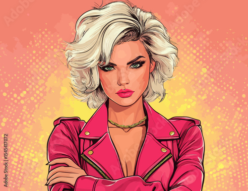 The image of a woman worker in an office suit with muscles over a halftone dot background represents female power in a modern color pop art comic style vintage poster