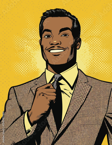A handsome African-American guy in a black jacket is depicted in a modern color pop art style illustration as a happy successful Office manager