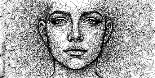 mesmerizing line drawing of a woman's face, intricately detailed and surrounded by floral patterns, ideal for contemporary art and design inspiration