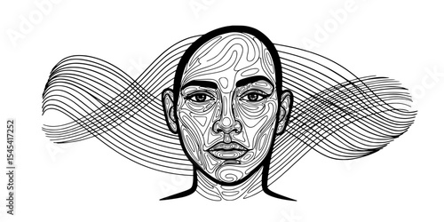 An intriguing line drawing of a woman's face, adorned with flowing hair and dynamic patterns, ideal for contemporary art and creative design use