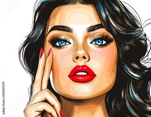 The illustration depicts a brunette girl with wavy hair and red lipstick, standing out against a distinctive red dotted background as she points her finger upwards
