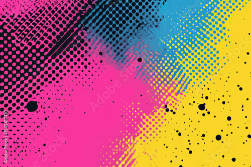 A gradient with a color halftone filter illustrates the abstract structure of CMYK color mode, used as a background for a poster designed for those learning graphic design, demonstrating the print