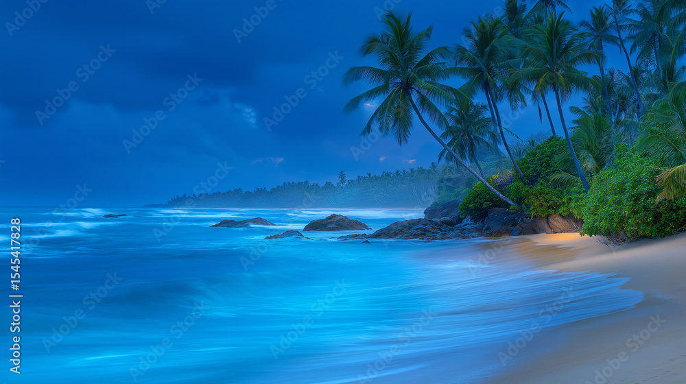 Fototapeta premium Tropical Beach Scene with Coconut Trees and Caribbean Sea