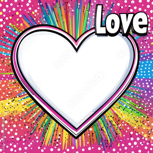 The pop art style frame is characterized by its bright colors, including diverging rays of red, yellow, turquoise, purple, and pink, and a prominent white heart with a black border