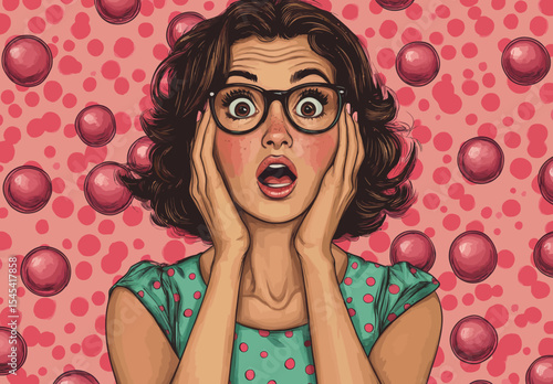 The image of a surprised woman in glasses is presented in a comic style on an advertising poster or party invitation for a sexy club girl with an open mouth