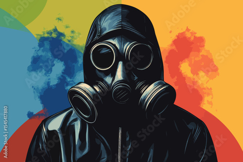The concept of protection from dust, biological, chemical, and coronavirus threats is illustrated by a male doctor in a pop art style, wearing a disinfector's protective respirator with filtering