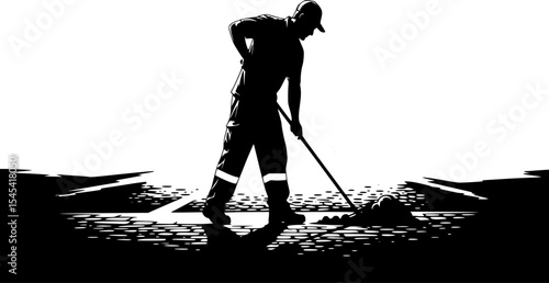 A striking black and white illustration of a tireless worker diligently sweeping the street, emphasizing essential urban maintenance and community pride