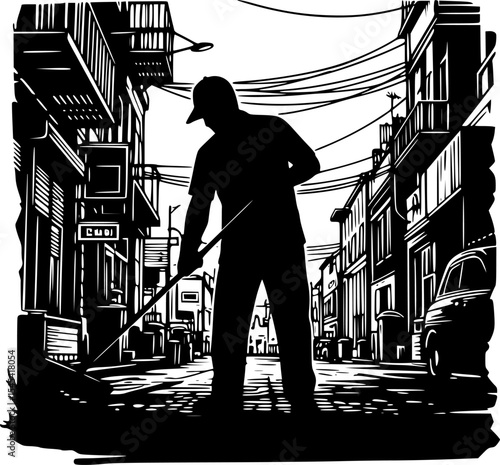 A powerful black and white illustration of a dedicated worker sweeping the street, showcasing the importance of urban maintenance and community care