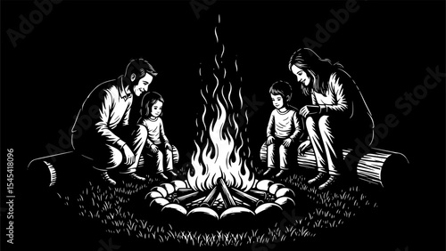 A heartwarming black and white illustration of a family around a campfire, sharing warmth and laughter, celebrating unity and cherished memories together
