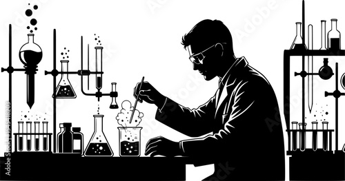 Bold Black and White Illustration of a Researcher Conducting Experiments in the Laboratory, Signifying the Pursuit of Knowledge