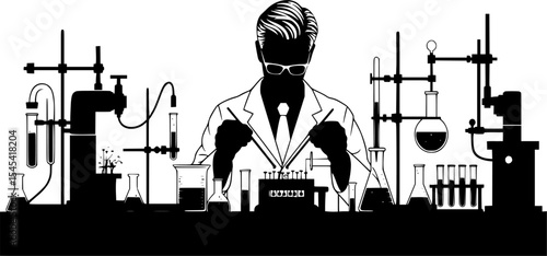 Innovative Researcher: Striking Black and White Illustration of a Scientist in a Laboratory, Capturing the Essence of Experimentation and Discovery