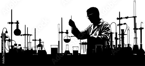 Bold Black and White Illustration of a Researcher Conducting Experiments in a Laboratory, Celebrating the Spirit of Discovery