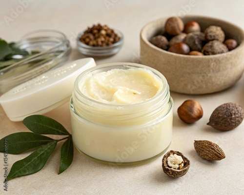 A jar of shea butter on a beige background