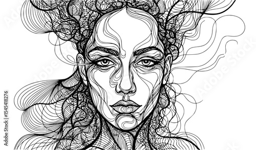 Intricate Black and White Line Art of a Woman’s Face, Showcasing Emotion and Expression Through Flowing Hair and Contours