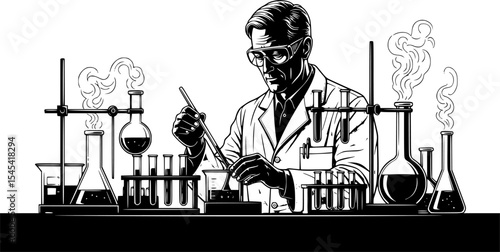 Striking Black and White Silhouette of a Scientist with Lab Equipment, Capturing the Pursuit of Knowledge and Innovation