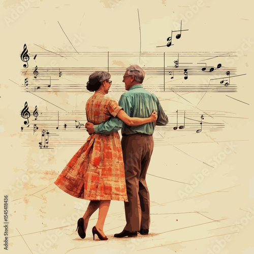 Collage of contemporary art depicting an elderly man and woman dancing in retro-style clothing isolated on a light background with added drawings