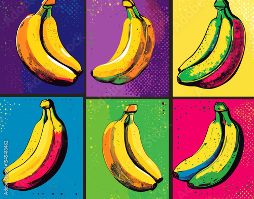 The pop art style banana is illustrated in dot halftone, overlaid on a modern and multicolored background with a psychedelic pattern