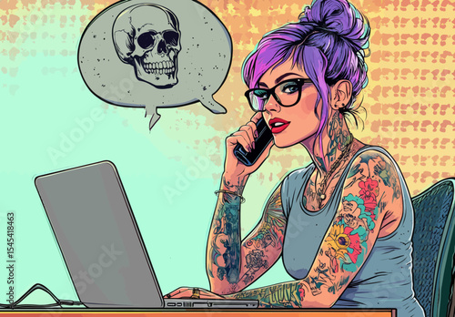 The image features a tattooed woman talking on the phone and using her computer, created in a modern pop art comics retro design illustration