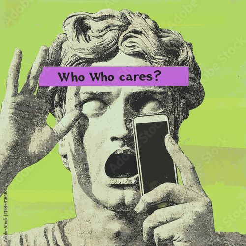 A surreal art piece combining a vintage statue bust with a female mouth and a phone in a contemporary collage
