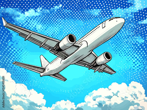 Passenger plane taking off depicted in a pop art retro modern illustration with a comic book style