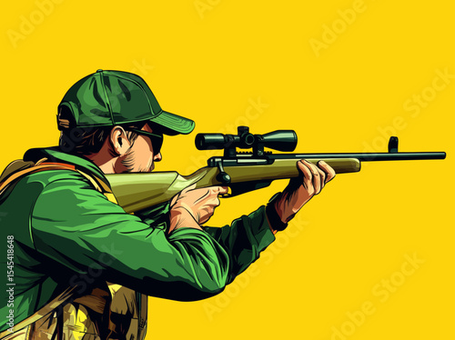 A comic book style imitation depicting a hunter taking aim with a gun in a retro pop art raster illustration