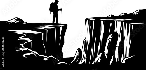 Striking Silhouette of a Hiker Standing on a Cliff's Edge, Representing the Thrill and Beauty of Outdoor Adventures