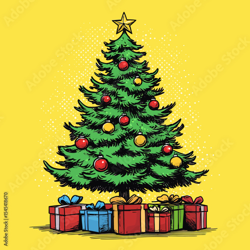 Christmas gifts under a tree are shown in a modern retro pop art illustration mimicking a comic book style