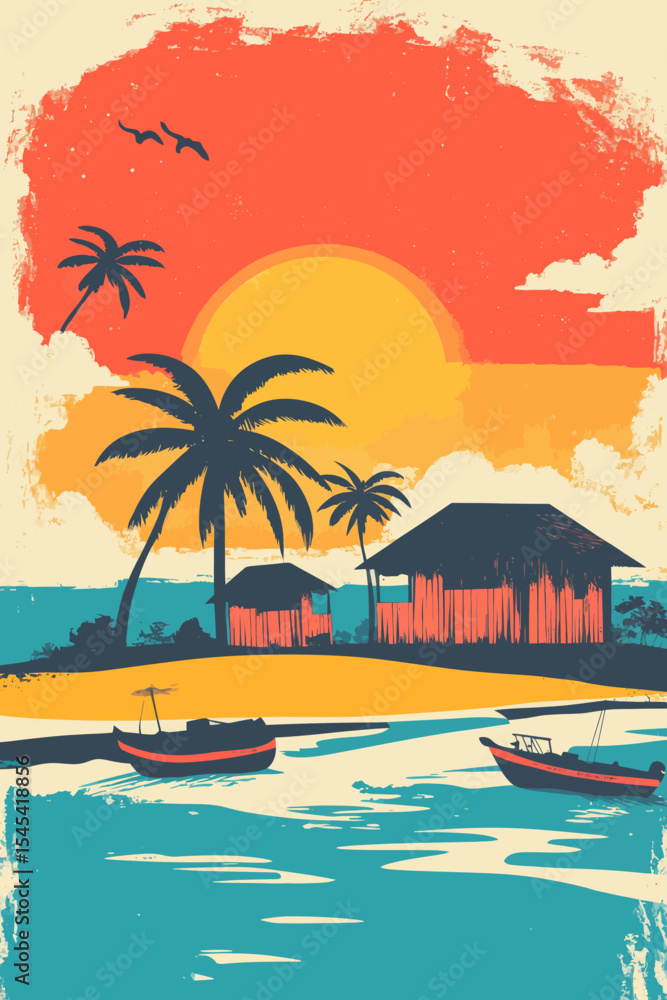 Obraz premium A pop art style colorful illustration of island scenery was made using stock