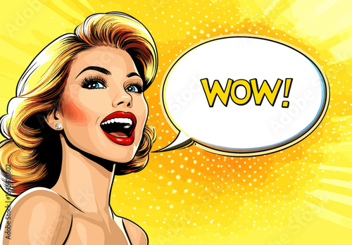The image features a comics woman with a wow face, showcasing a retro pop art aesthetic, where she appears surprised and excited, set against a dynamic pop art background generated by AI