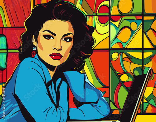 The image features a business woman working in an office, illustrated in a comic or pop-art style, with a laptop